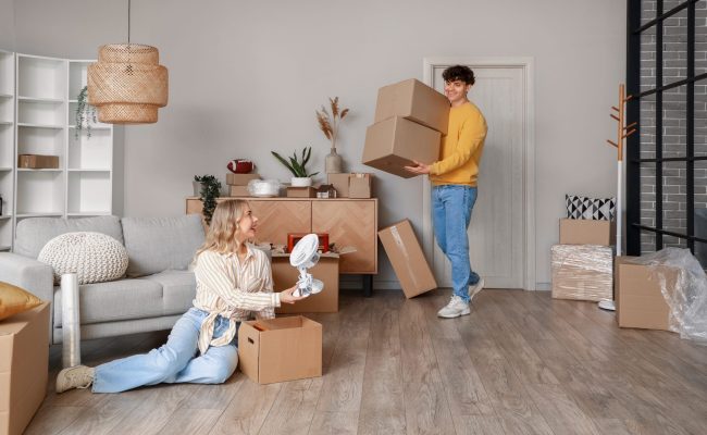 Young,Couple,Packing,Things,In,Room,On,Moving,Day